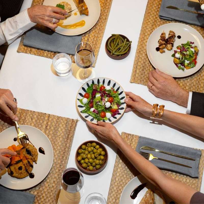 Top view friends having lunch luxury restaurant