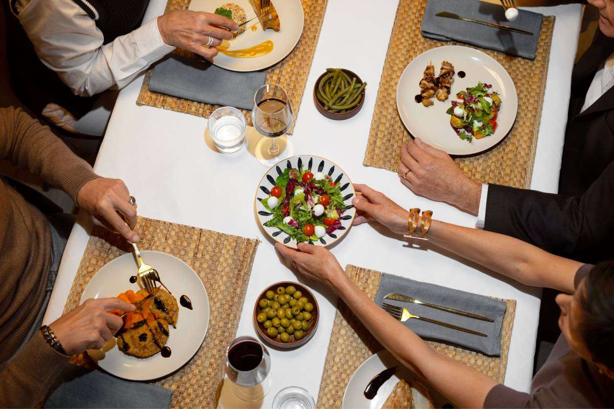 Top view friends having lunch luxury restaurant