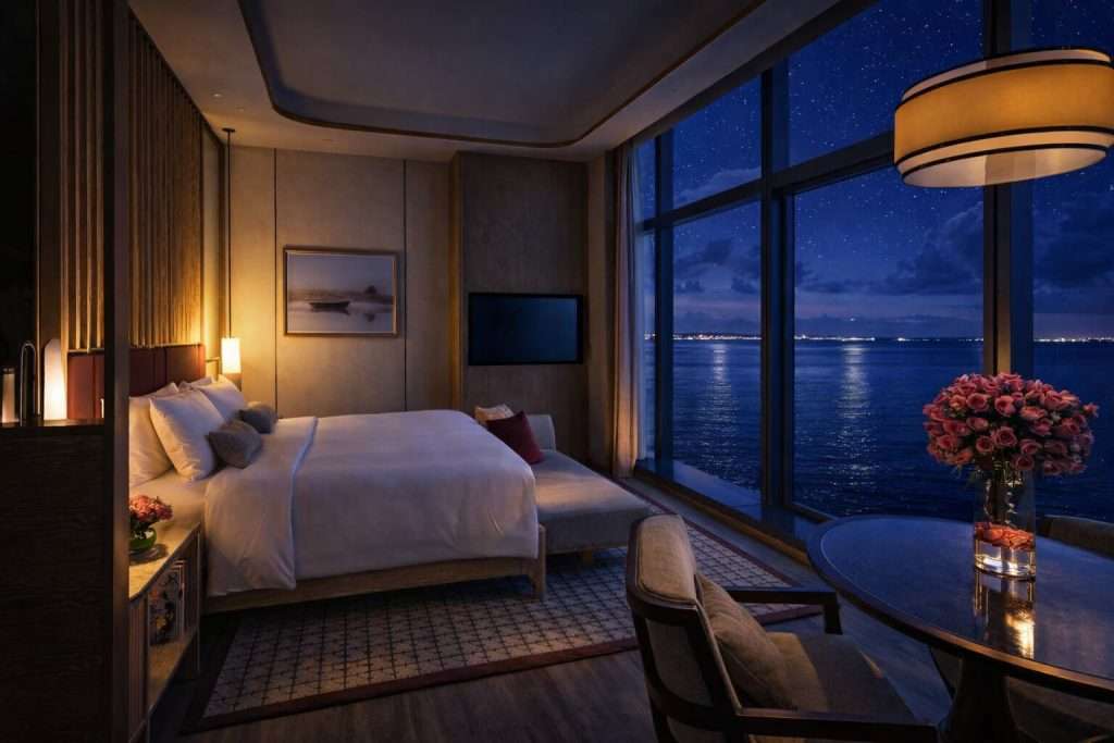 Photo of night time seaview room at Fili