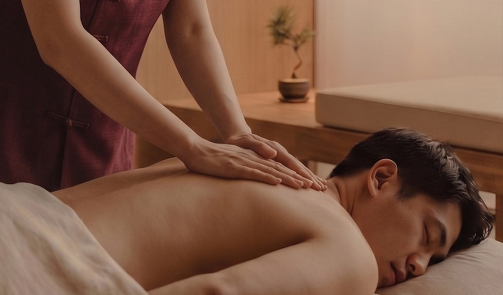 A man receiving a massage on a massage table in a well-decorated hotel room